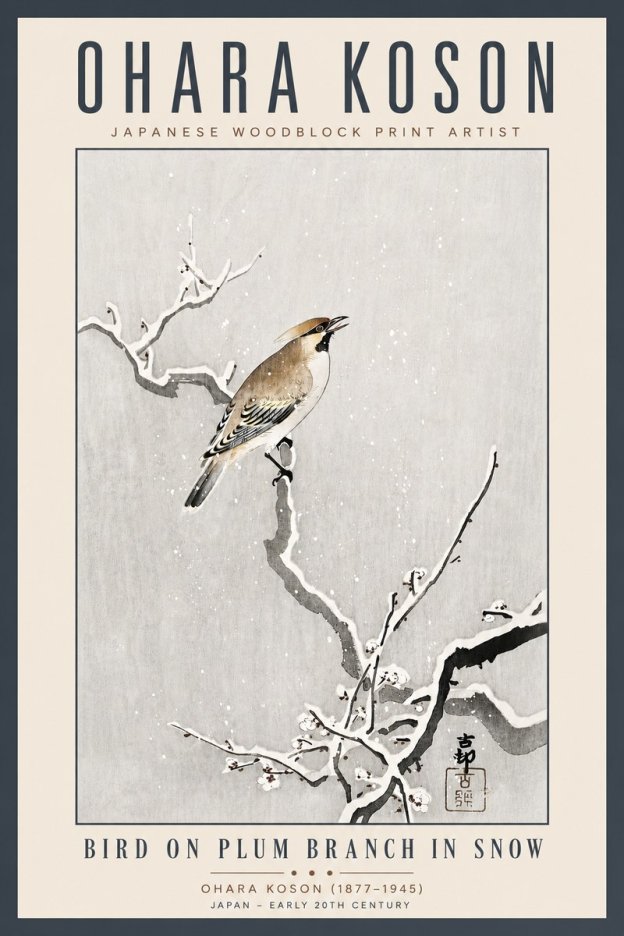Ohara Koson Bird on Plum Branch in Snow No5 - Plakát