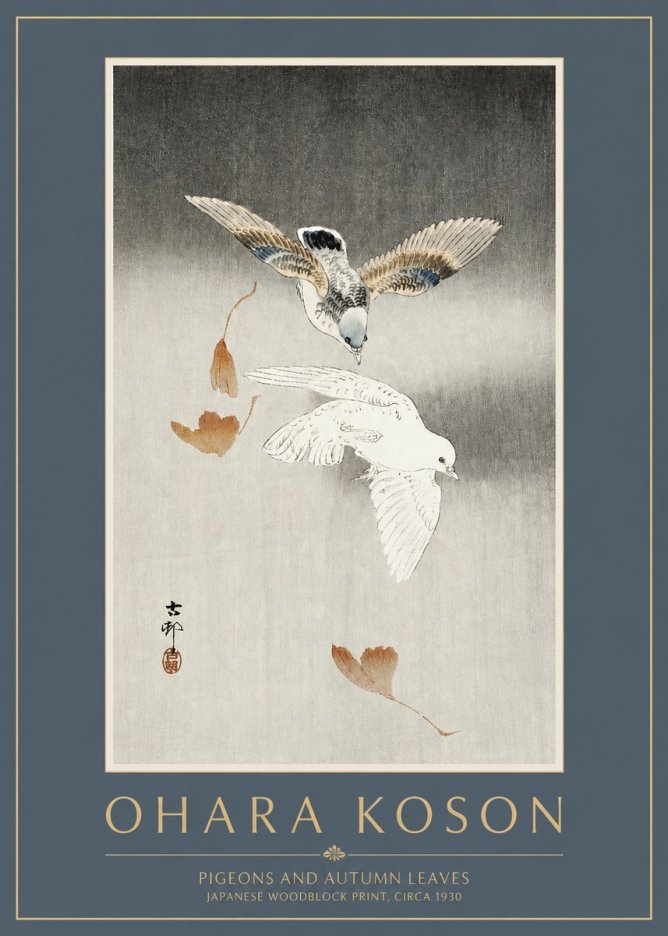 Ohara Koson Pigeons and Autumn Leaves No2 - Plakát