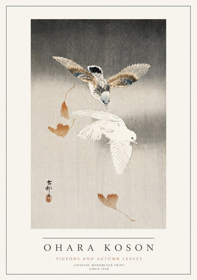 Ohara Koson Pigeons and Autumn Leaves No4 - Plakát