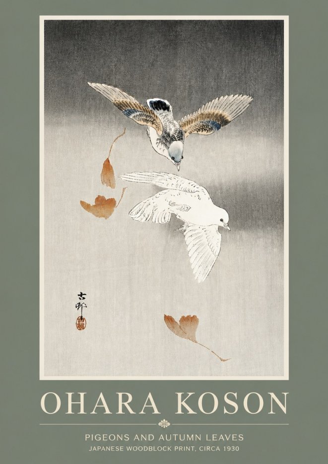 Ohara Koson Pigeons and Autumn Leaves No5 - Plakát