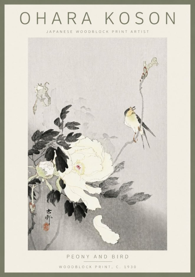 Ohara Koson Peony and Bird No5 - Plakát