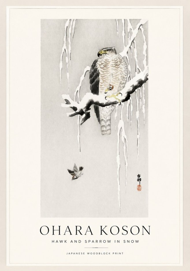 Ohara Koson Hawk and Sparrow in Snow No1 - Plakát