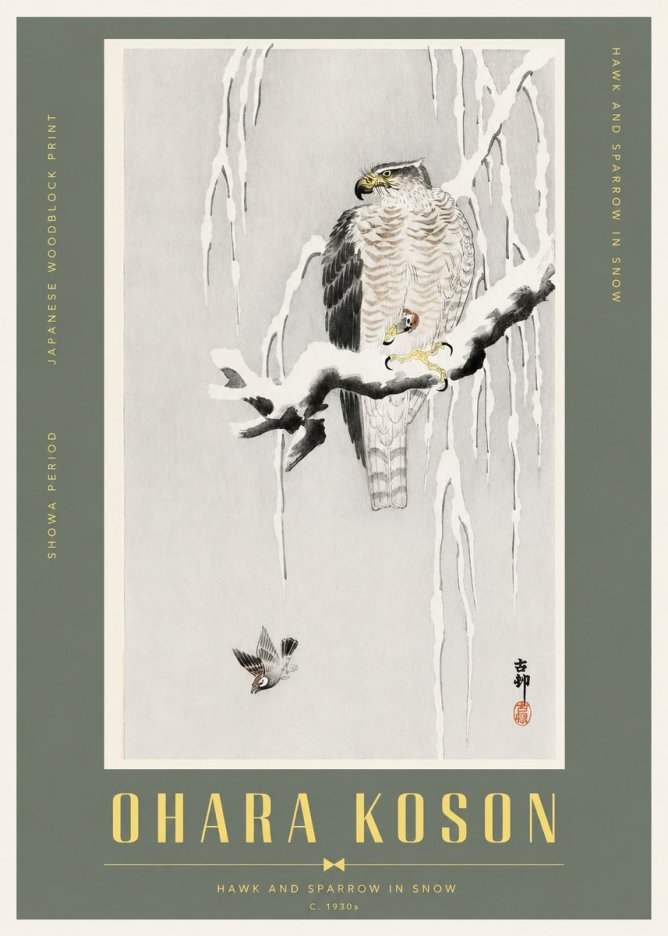 Ohara Koson Hawk and Sparrow in Snow No2 - Plakát