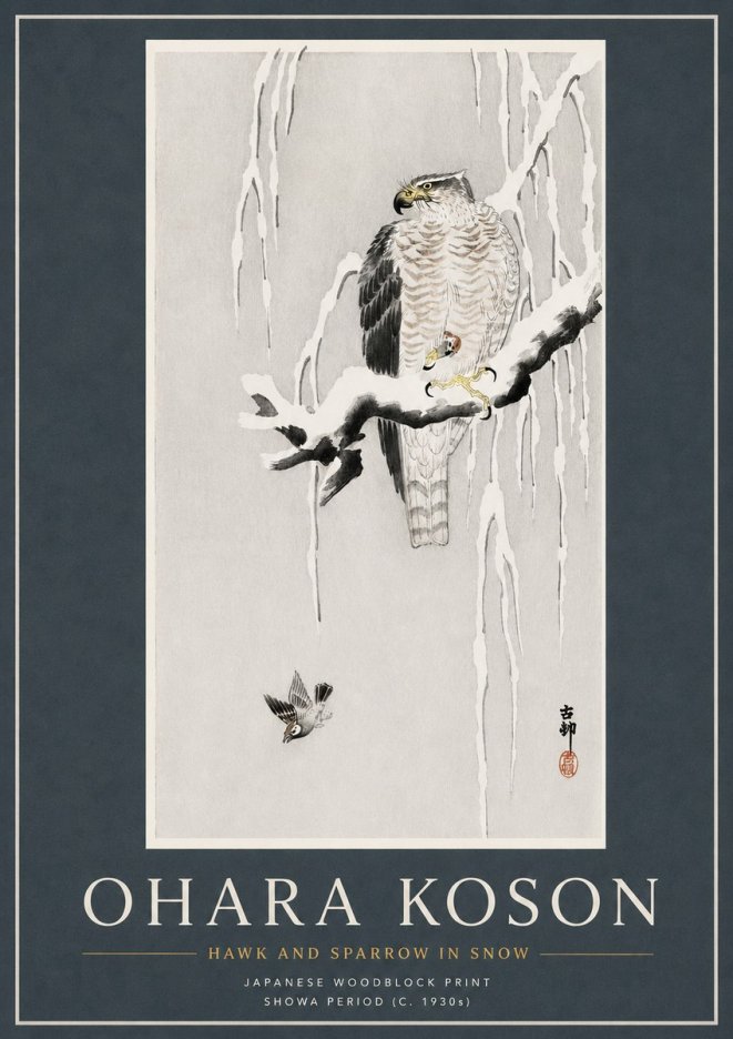 Ohara Koson Hawk and Sparrow in Snow No3 - Plakát