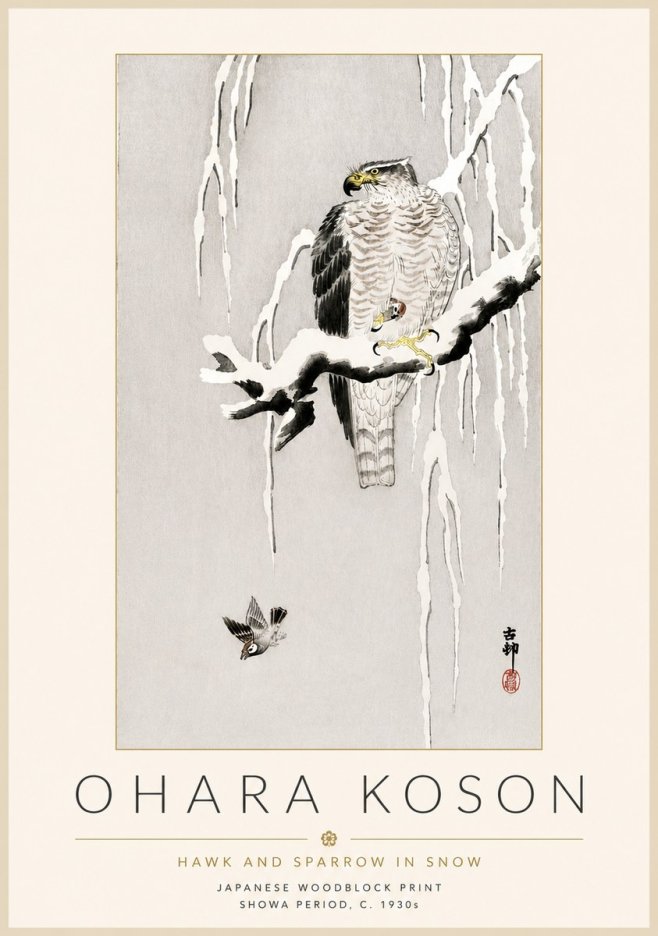 Ohara Koson Hawk and Sparrow in Snow No4 - Plakát