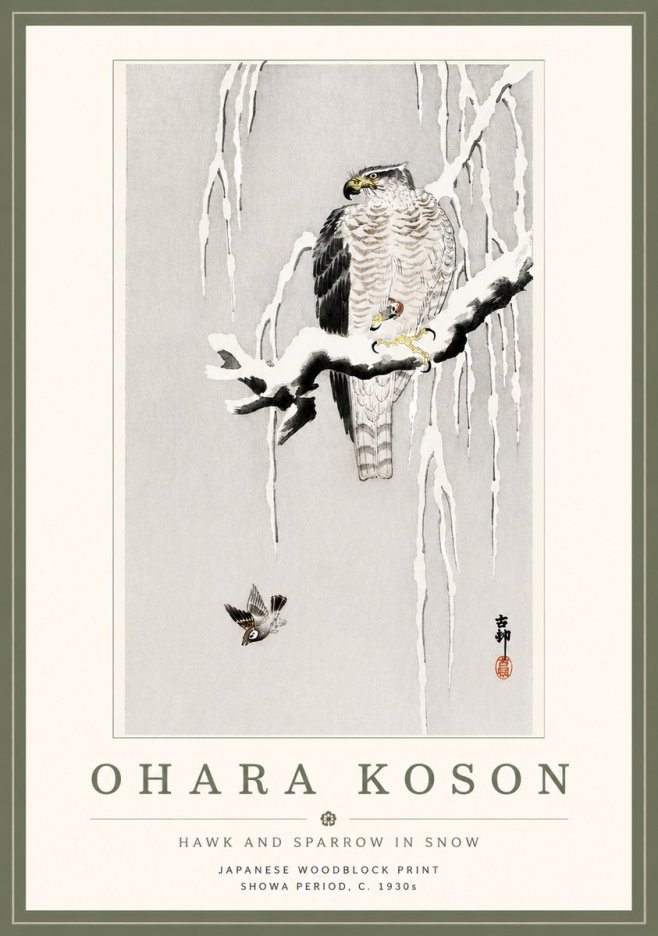 Ohara Koson Hawk and Sparrow in Snow No5 - Plakát
