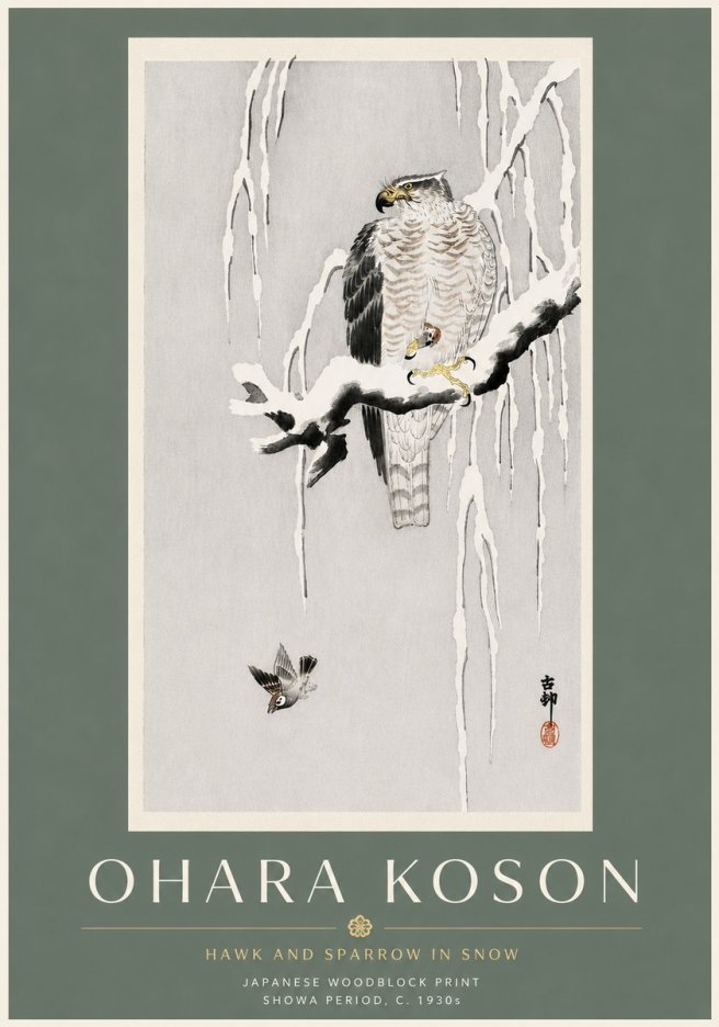 Ohara Koson Hawk and Sparrow in Snow No6 - Plakát