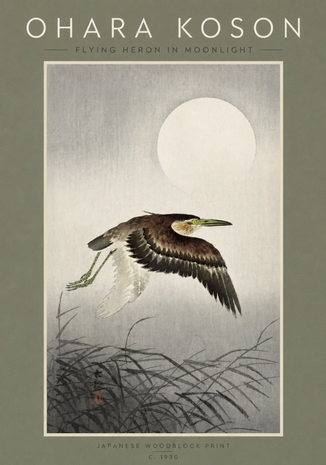 Ohara Koson Flying Heron in Moonlight No2 - Plakát