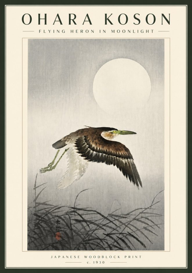Ohara Koson Flying Heron in Moonlight No5 - Plakát