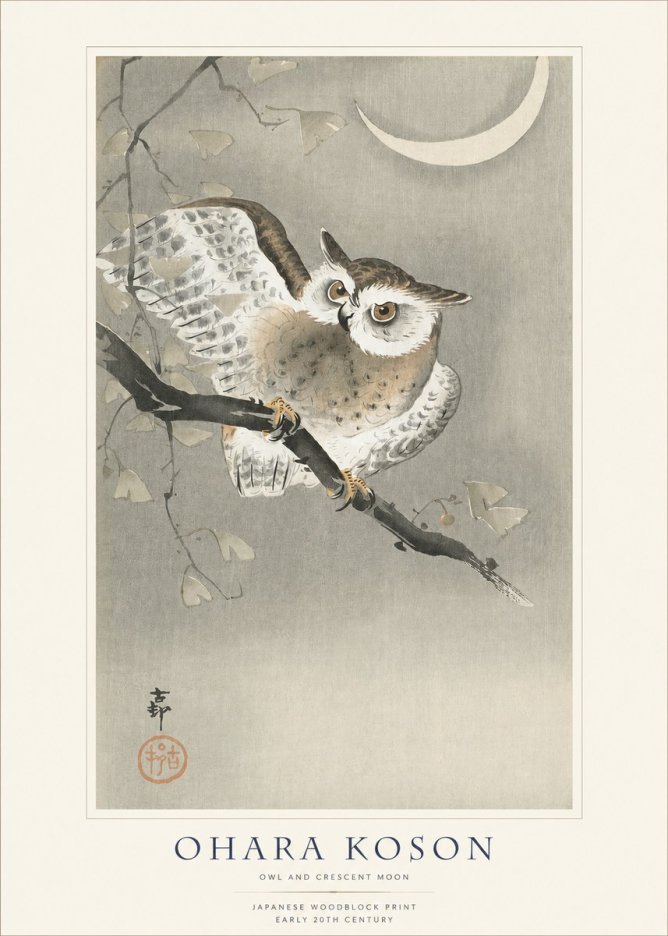 Ohara Koson Owl and Crescent Moon No1 - Plakát