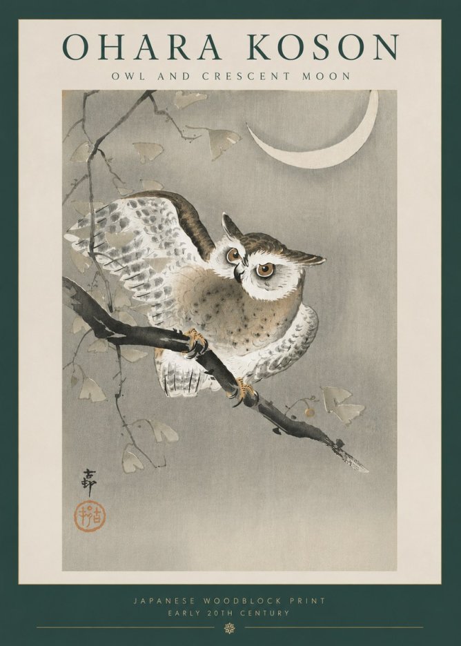 Ohara Koson Owl and Crescent Moon No6 - Plakát