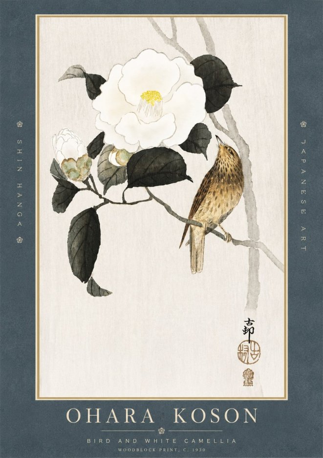 Ohara Koson Bird and White Camellia No3 - Plakát