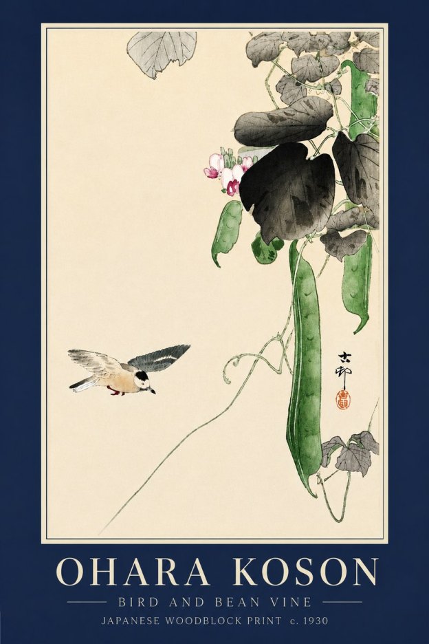 Ohara Koson Bird and Bean Vine No3 - Plakát