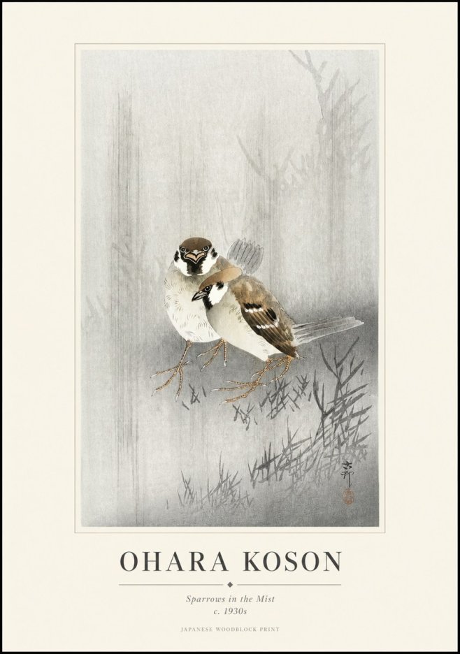 Ohara Koson Sparrows in the Mist No1 - Plakát