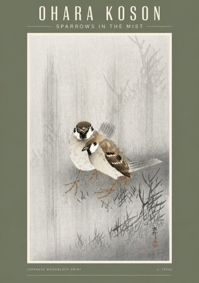 Ohara Koson Sparrows in the Mist No4 - Plakát