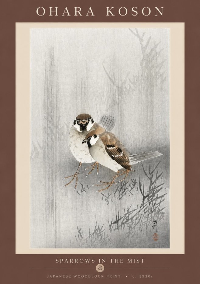 Ohara Koson Sparrows in the Mist No5 - Plakát
