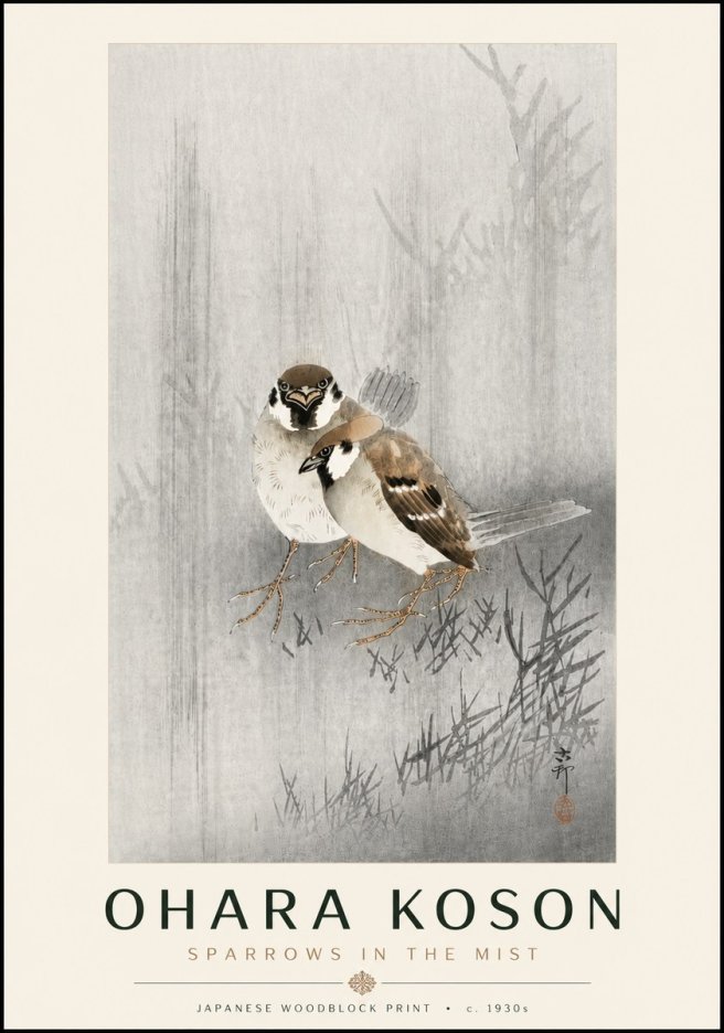 Ohara Koson Sparrows in the Mist No6 - Plakát