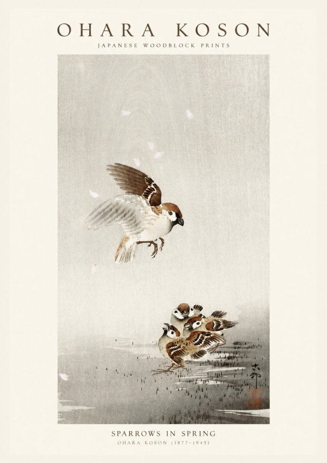 Ohara Koson Sparrows in Spring No1 - Plakát