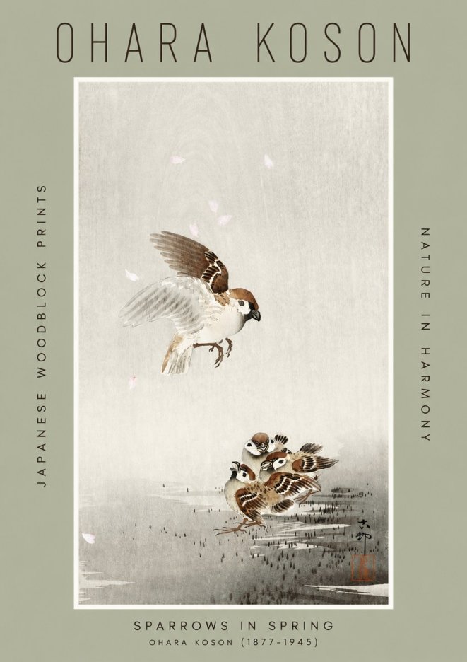 Ohara Koson Sparrows in Spring No2 - Plakát