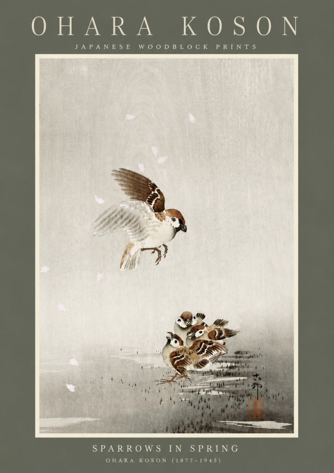 Ohara Koson Sparrows in Spring No4 - Plakát