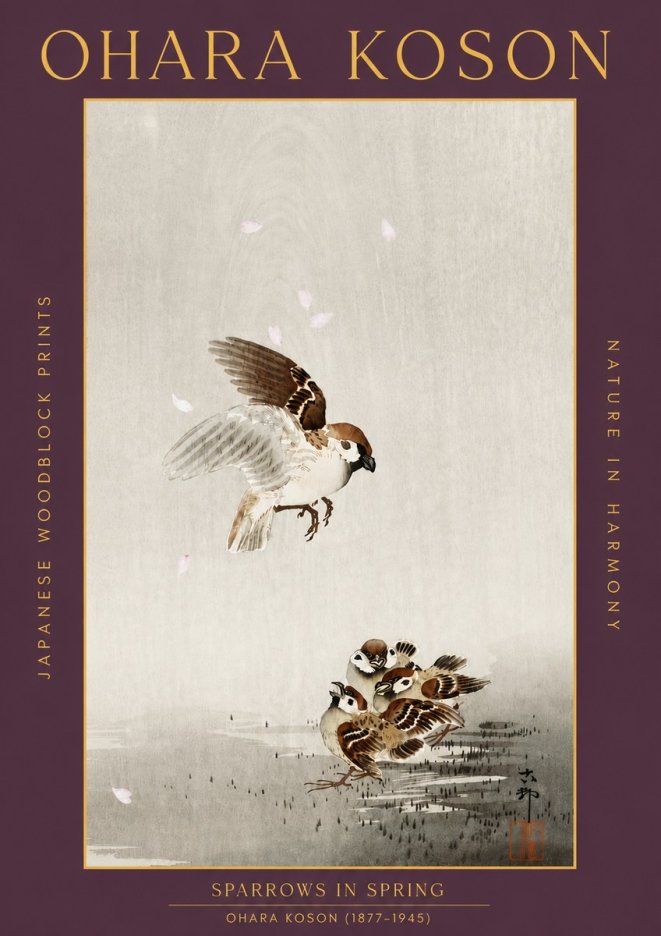 Ohara Koson Sparrows in Spring No5 - Plakát