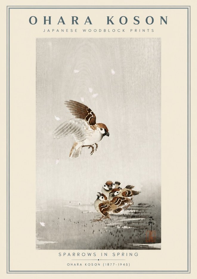 Ohara Koson Sparrows in Spring No6 - Plakát