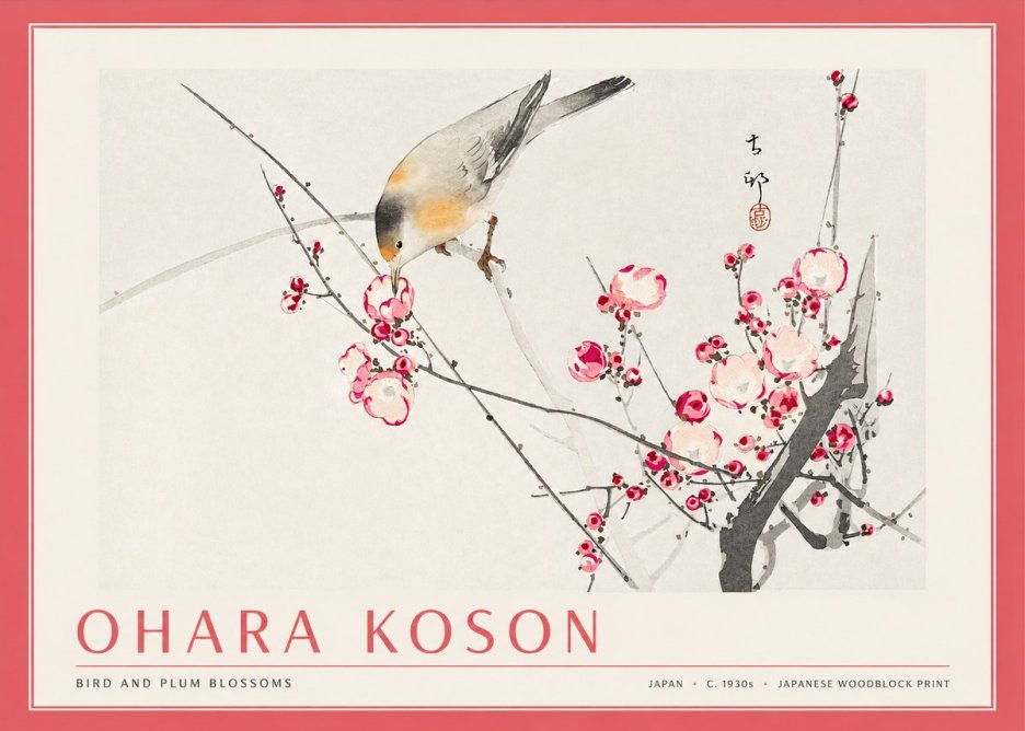 Ohara Koson Bird and Plum Blossoms No3 - Plakát