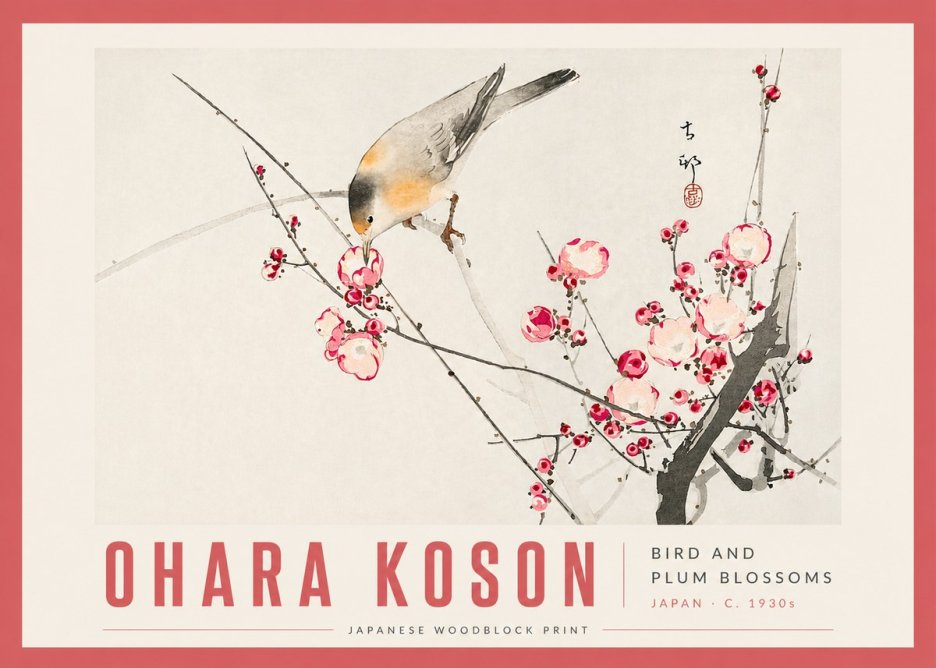 Ohara Koson Bird and Plum Blossoms No6 - Plakát