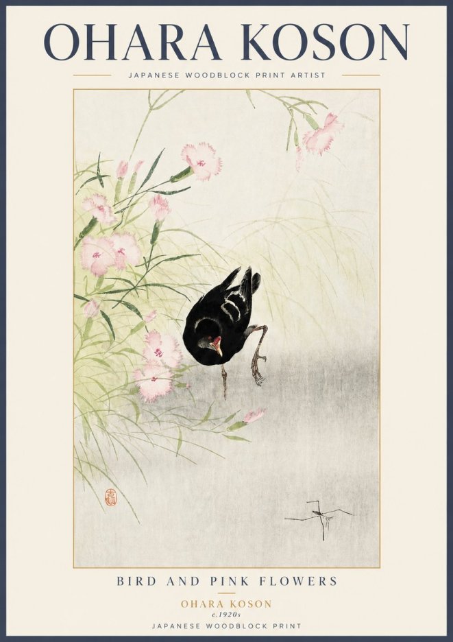 Ohara Koson Bird and Pink Flowers No3 - Plakát