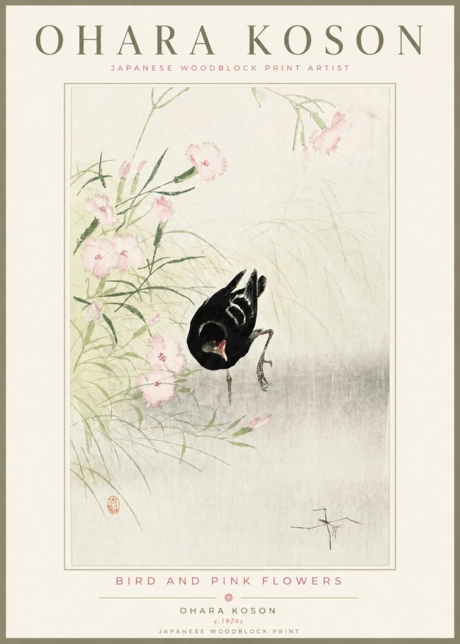 Ohara Koson Bird and Pink Flowers No4 - Plakát