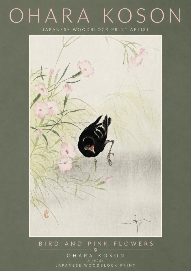 Ohara Koson Bird and Pink Flowers No5 - Plakát