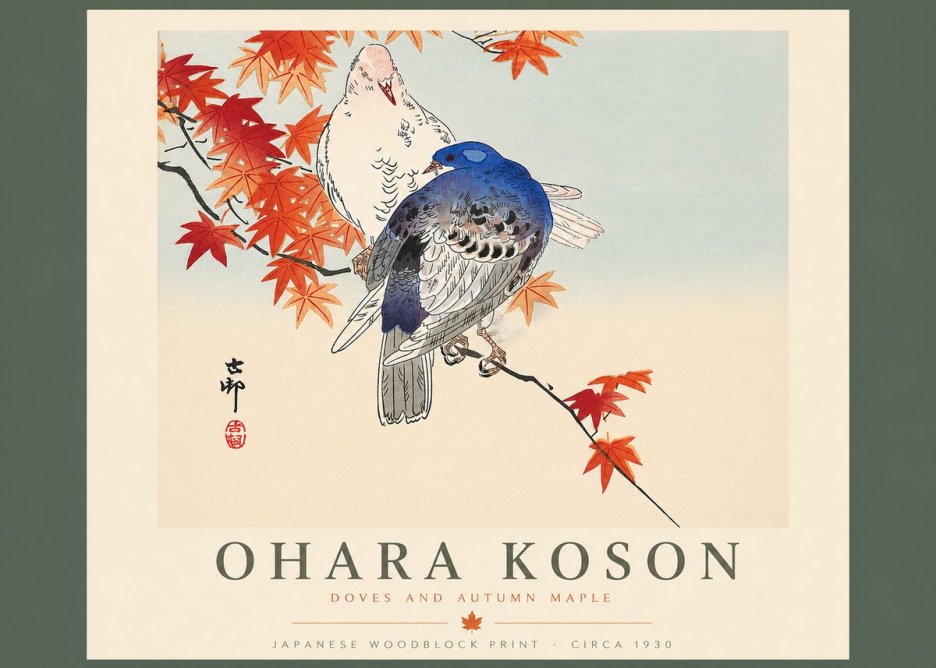 Ohara Koson Doves and Autumn Maple No4 - Plakát