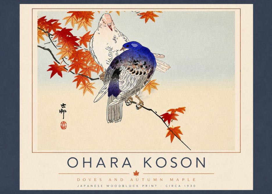 Ohara Koson Doves and Autumn Maple No5 - Plakát