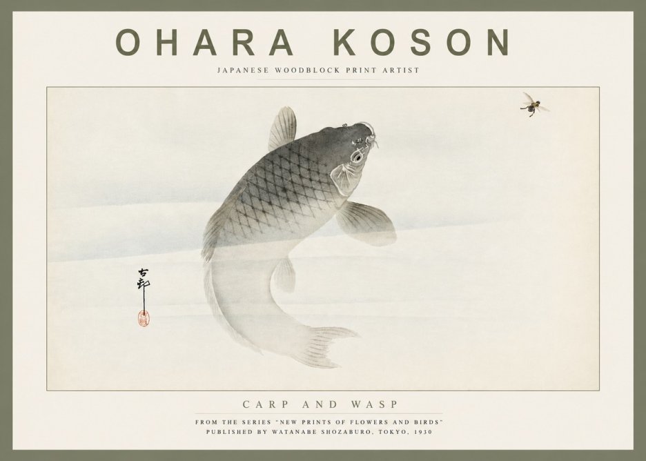 Ohara Koson Carp and Wasp No4 - Plakát