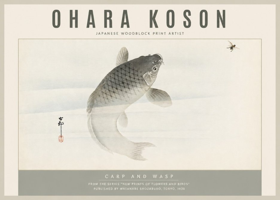 Ohara Koson Carp and Wasp No5 - Plakát