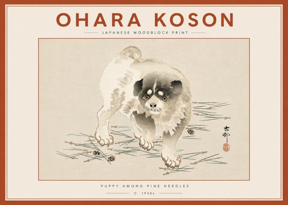 Ohara Koson Puppy Among Pine Needles No6 - Plakát