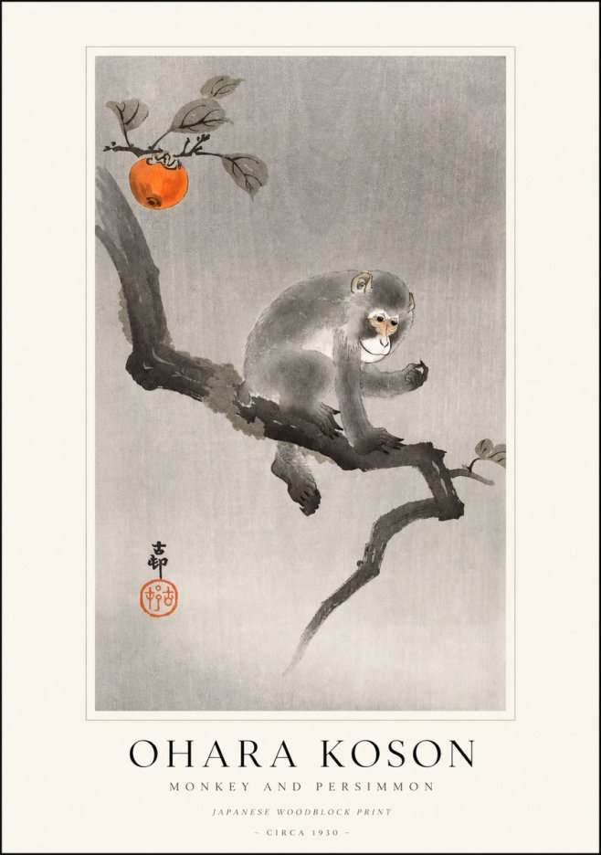 Ohara Koson Monkey and Persimmon No1 - Plakát