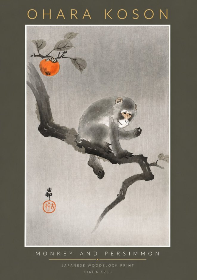 Ohara Koson Monkey and Persimmon No2 - Plakát