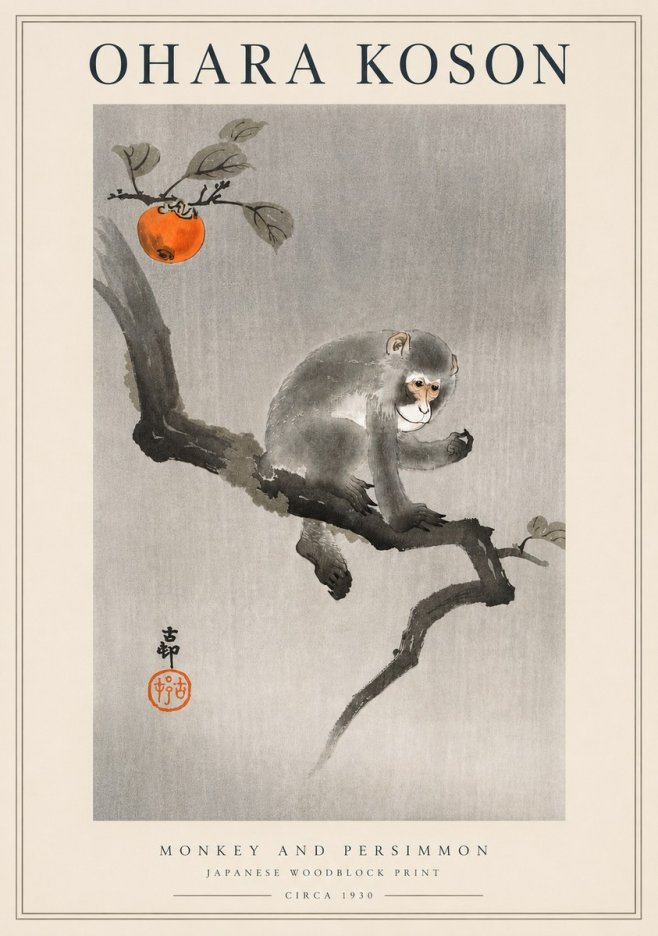 Ohara Koson Monkey and Persimmon No3 - Plakát