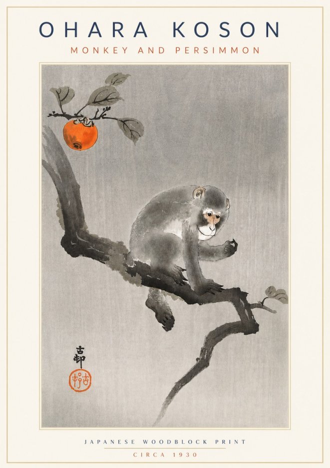 Ohara Koson Monkey and Persimmon No4 - Plakát