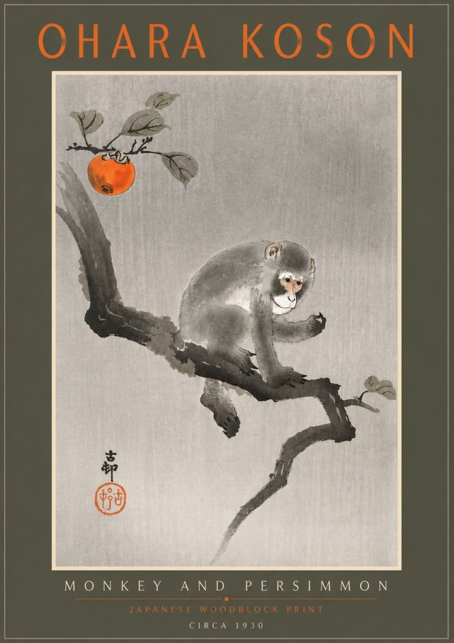 Ohara Koson Monkey and Persimmon No5 - Plakát