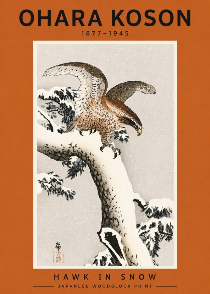 Ohara Koson Hawk in Snow No4 - Plakát