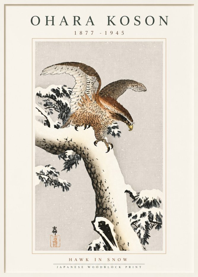 Ohara Koson Hawk in Snow No5 - Plakát