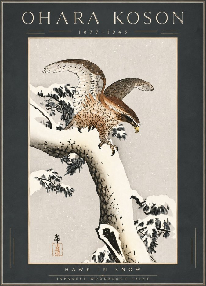 Ohara Koson Hawk in Snow No6 - Plakát