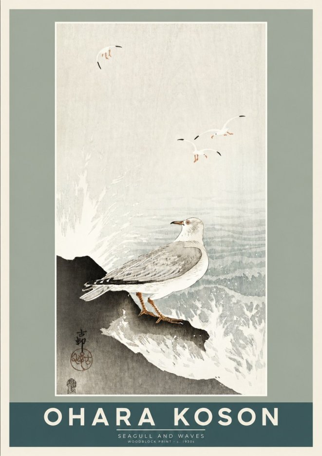 Ohara Koson Seagull and Waves No2 - Plakát