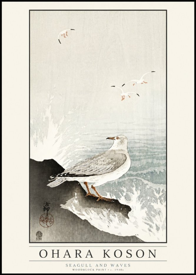 Ohara Koson Seagull and Waves No3 - Plakát