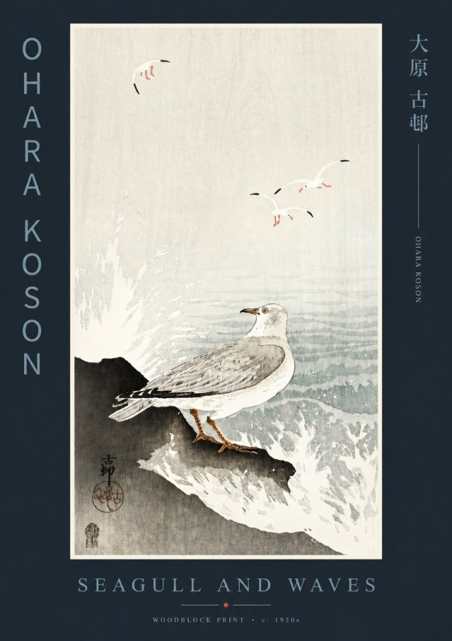 Ohara Koson Seagull and Waves No4 - Plakát