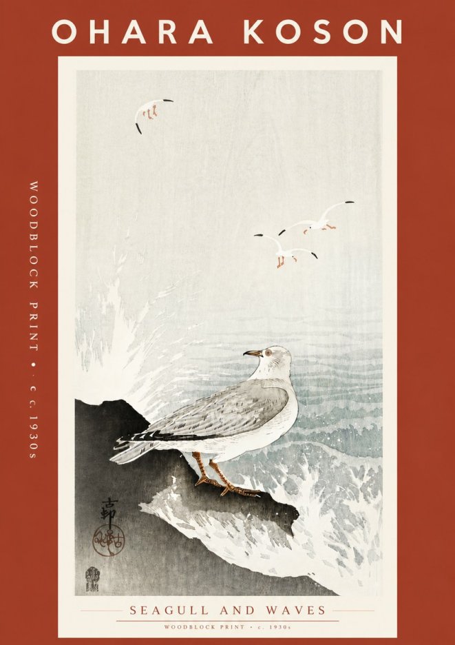 Ohara Koson Seagull and Waves No5 - Plakát