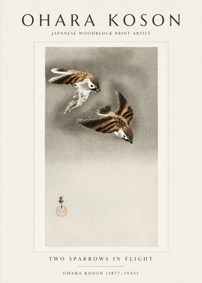 Ohara Koson Two Sparrows in Flight No1 - Plakát