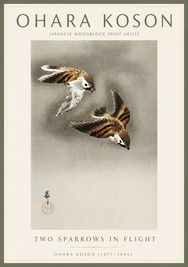 Ohara Koson Two Sparrows in Flight No4 - Plakát
